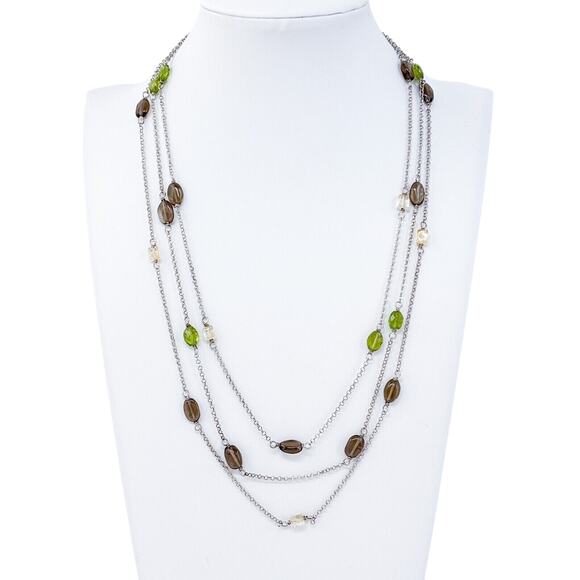 Vintage Sterling Silver Peridot Smoky Quartz Citrine Layered Necklace 17"-19" - Picture 1 of 4